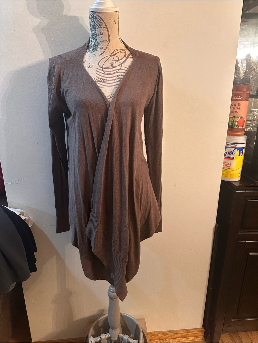 Adrienne Vittadini Brown Draped Long-Sleeve Cardigan